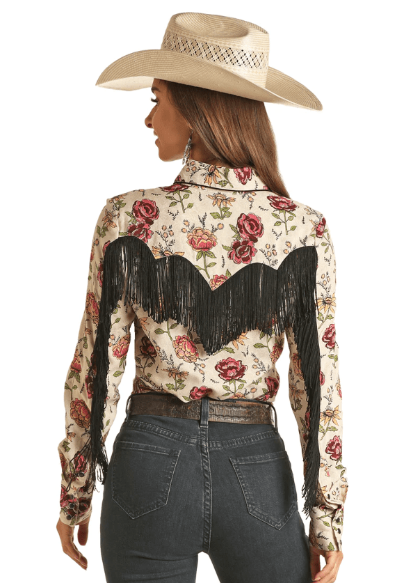 Rock & Roll Cowgirl Women's Floral Printed Fringe Long Sleeve Western Snap  Shirt RRWSOSR0UZ