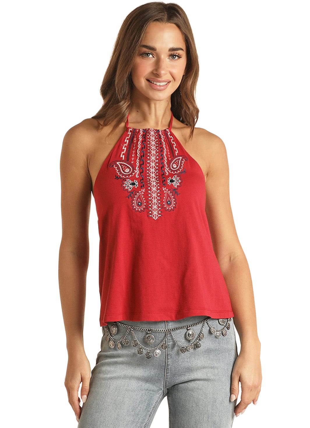Rock & Roll Cowgirl Women's Paisley Embroidered Halter Tank