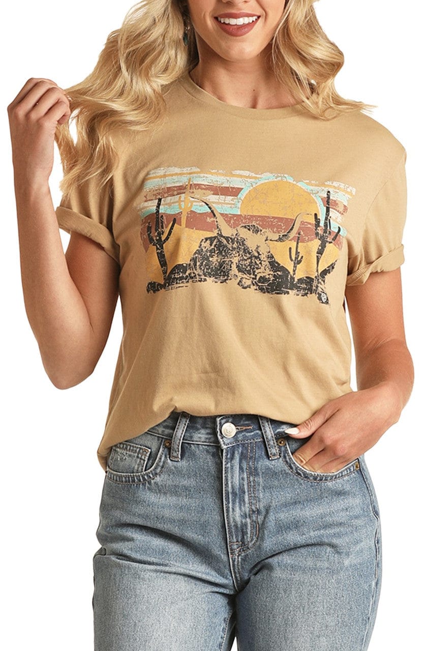PANHANDLE SLIM Shirts Rock & Roll Cowgirl Women's Taupe Desert Scene Graphic Tee RRUT21R12J