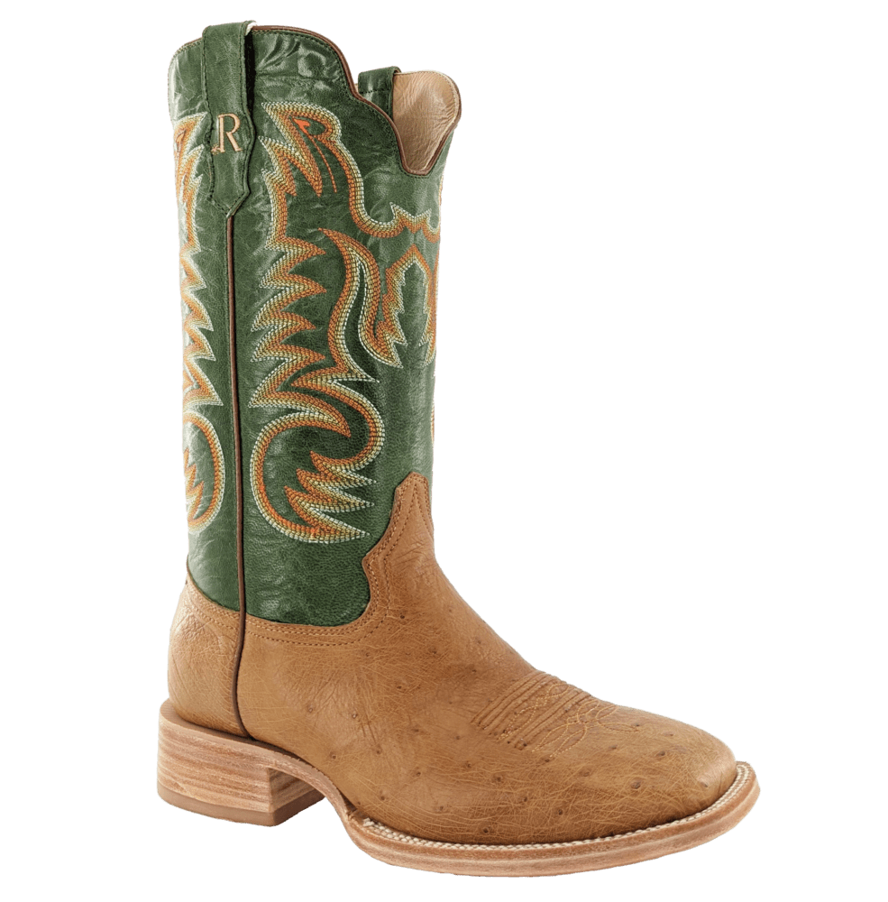 R WATSON BOOTS Boots R. Watson Men's Antique Saddle/Forest Green Goat Smooth Ostrich Wide Square Toe Western Boots RW5003-2