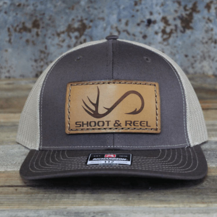 SHOOT & REEL, LLC Hats Shoot & Reel Men's Brown/Khaki Rectangle Patch Logo Trucker Ball Cap