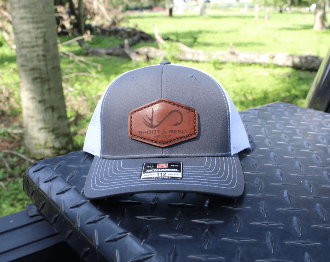 SHOOT & REEL, LLC Hats Shoot & Reel Men's Charcoal/White Hexagon Patch Logo Trucker Ball Cap