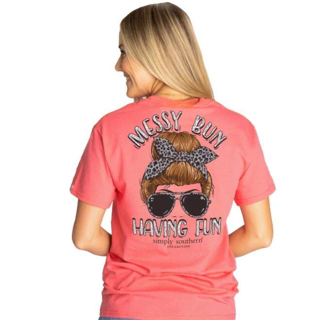 SIMPLY SOUTHERN Shirts Simply Southern Women's Begonia Pink "Messy Bun" SS Tee