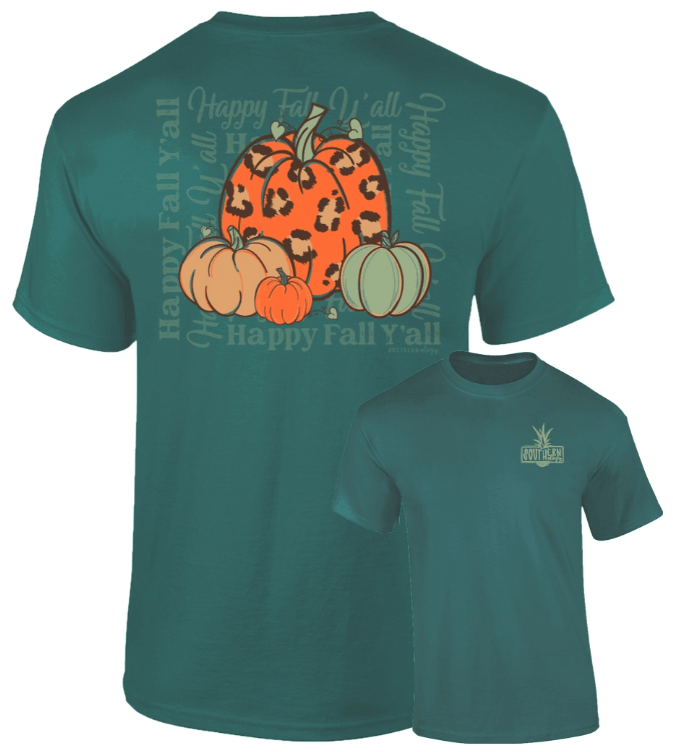 SOUTHERNOLOGY Shirts Southernology Women's "Happy Fall" Leopard Pumpkins Emerald T-Shirt
