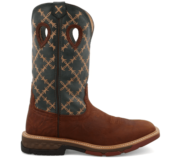 TWISTED X BOOTS Boots Twisted X Men's Mocha/Slate Green Barbwire Embroidered Cell Stretch Work Boots MXB0005