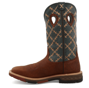 TWISTED X BOOTS Boots Twisted X Men's Mocha/Slate Green Barbwire Embroidered Cell Stretch Work Boots MXB0005