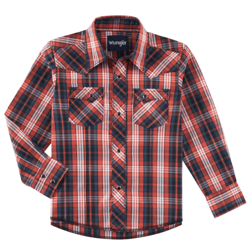 WRANGLER JEANS Shirts Wrangler Boys Orange Plaid Long Sleeve Western Snap Shirt 112318701