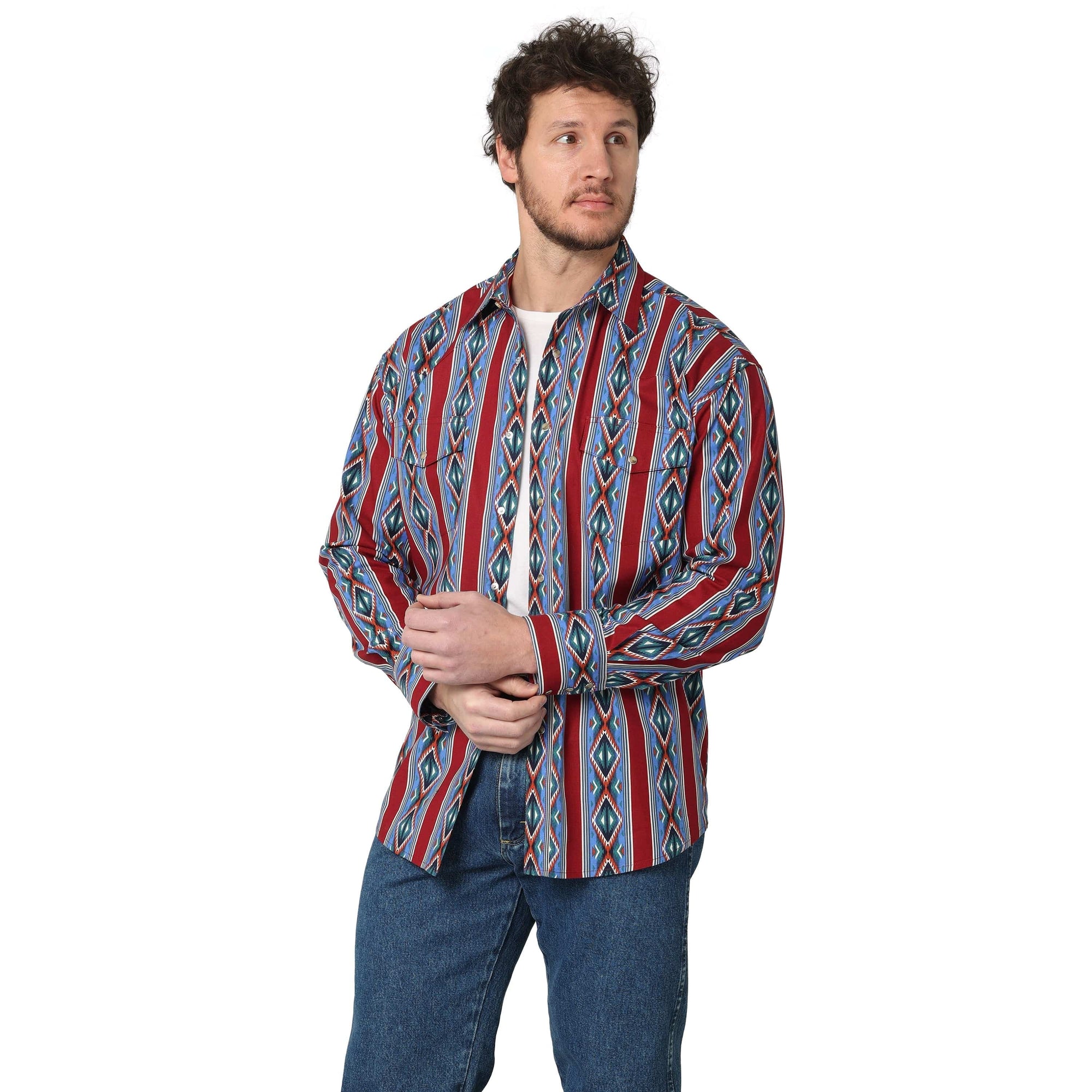 WRANGLER JEANS Shirts Wrangler Men's Checotah Burgundy Blue Multi Aztec Stripes Long Sleeve Western Shirt 112314908