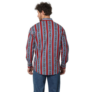WRANGLER JEANS Shirts Wrangler Men's Checotah Burgundy Blue Multi Aztec Stripes Long Sleeve Western Shirt 112314908
