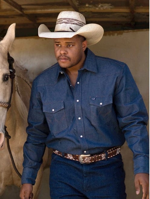 Wrangler Men's Cowboy Cut Blue Firm Finish Long Sleeve Western Work Sh -  Russell's Western Wear, Inc.