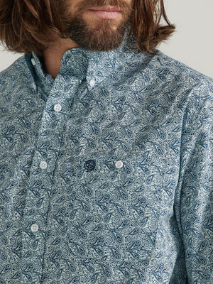 WRANGLER JEANS Shirts Wrangler Men’s George Strait True Paisley Aqua Long Sleeve Button Down One Pocket Print Shirt 112327836