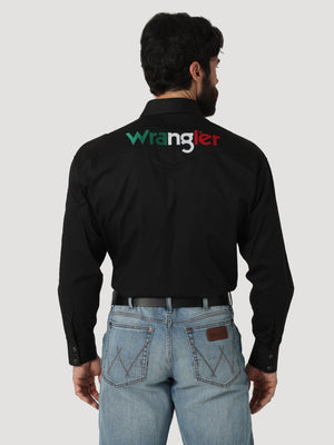 WRANGLER JEANS Shirts Wrangler Men's Mexico Logo Black Long Sleeve Western Snap Shirt 112317124