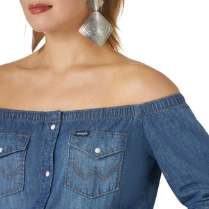 Wrangler Shirts Wrangler Women's Retro Blue Off the Shoulder Denim Snap Shirt - LW3004B
